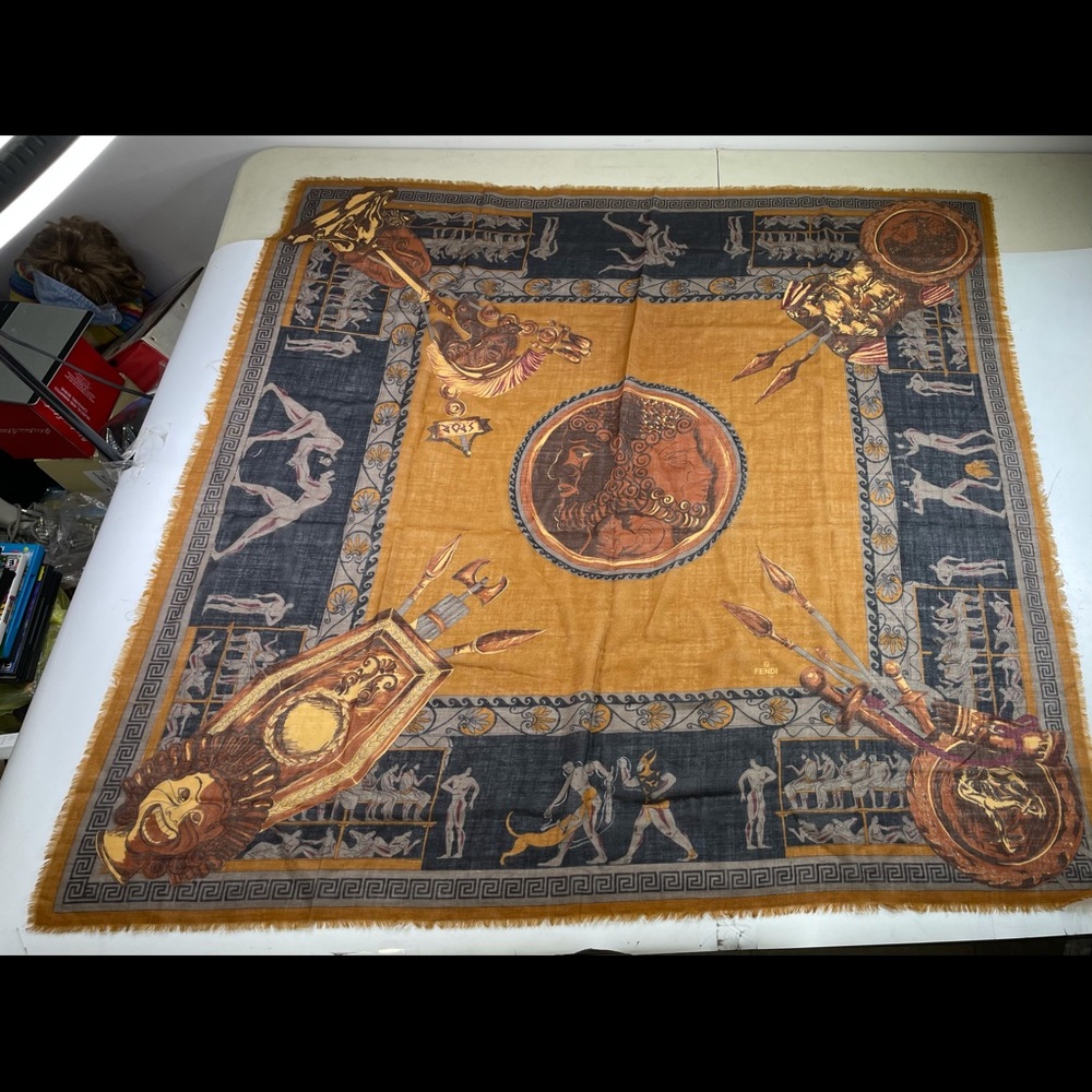 Fendi wool scarf wrap sole mythological Grecian fringe